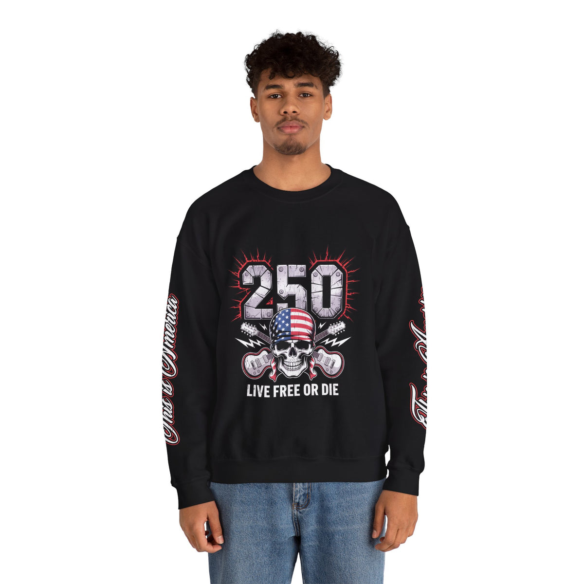 250 Live Free or Die Sweatshirt, Patriotic Skull Crewneck, American Flag Pullover, USA 250th Anniversary Gift, Fourth of July Top