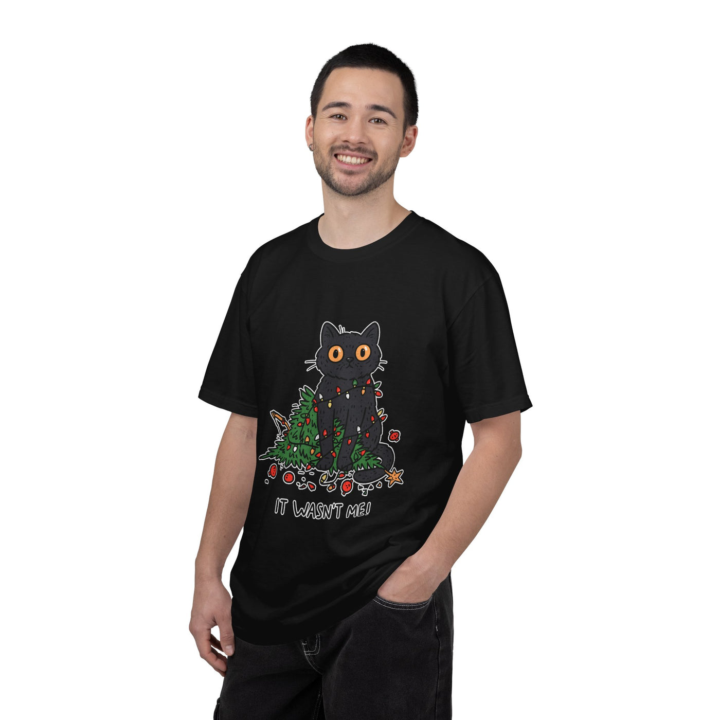It Wasn't Me Black Cat Christmas Shirt, Funny Holiday T-Shirt, Mischievous Kitty Lights Tee, Gift for Cat Mom, Cat Dad, Christmas Party Top