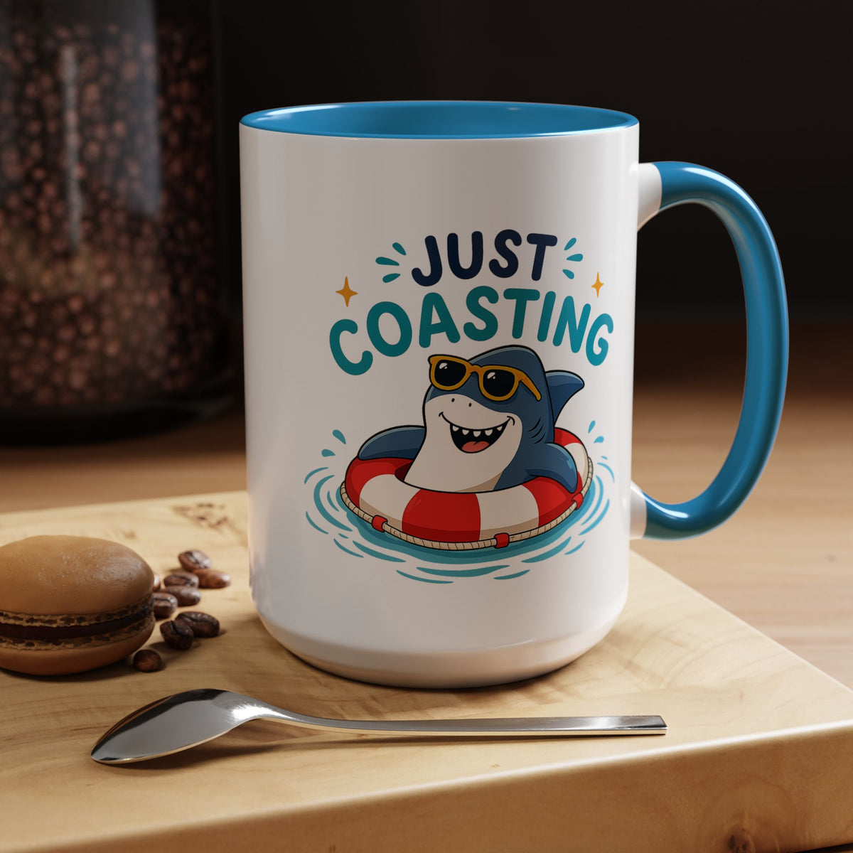 Funny Shark Coffee Mug, Just Coasting Shark Mug, Cute Beach Lover Coffee Cup, Relaxing Summer Vacation Gift for Shark Fans
