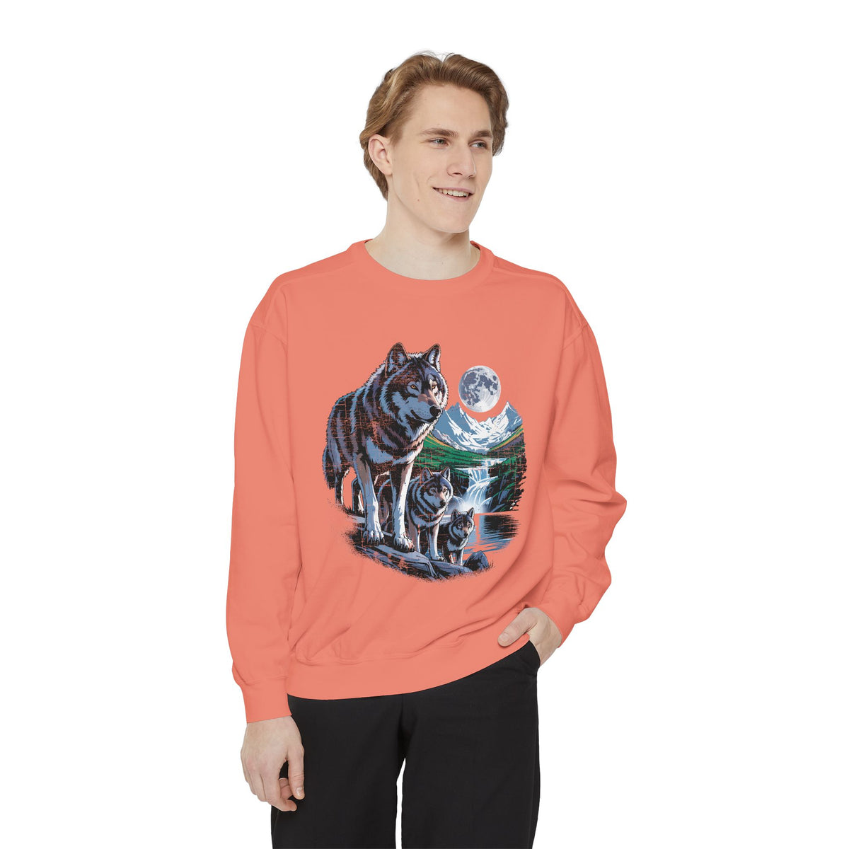 Wolf Pack Mountain Sweatshirt, Moonlit Wildlife Crewneck, Nature Lover Gift, Wilderness Forest Graphic Cozy Outdoor Pullover Unisex Top