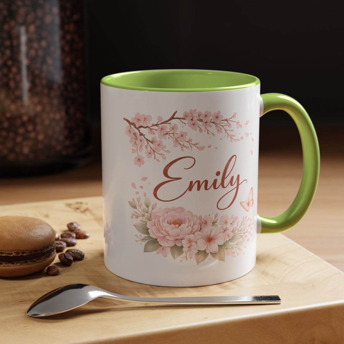 Personalized Floral Name Mug, Custom Coffee Mug with Name, Pink Flower Mug for Women, Birthday Gift, Bridesmaid Keepsake Cup