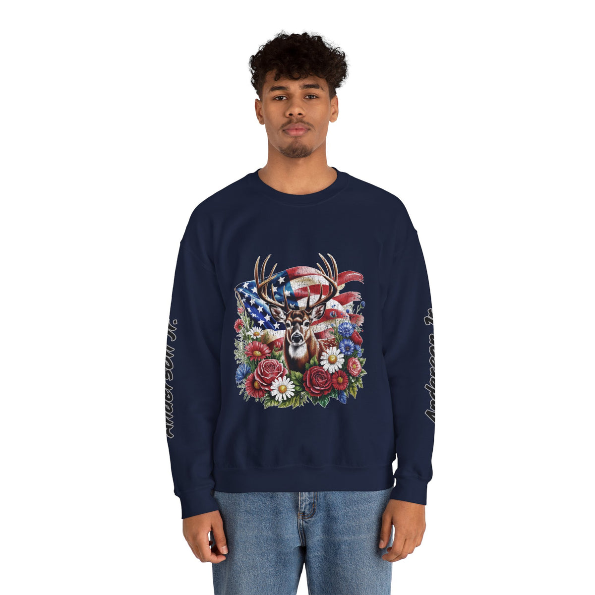 Personalized Hunting Family Sweatshirt, Custom Deer Patriotic Pullover, American Flag Floral Crewneck, Family Gift, Outdoorsman Shirt