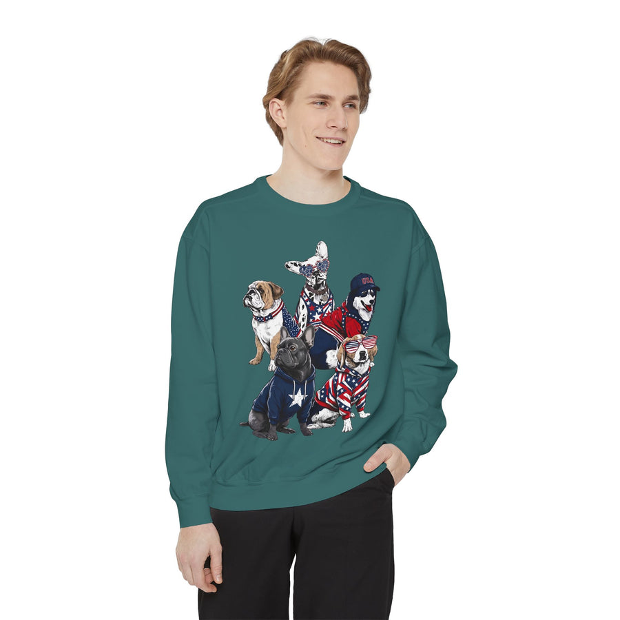 Patriotic Dog Lover Comfort Sweatshirt, USA Dogs Crewneck Sweatshirt, Fourth of July Pet Lover Gift, American Flag Puppy Sweatshirt