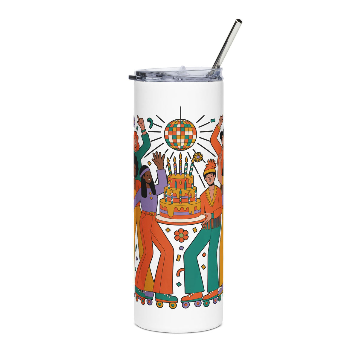 Retro Disco Birthday Skinny Tumbler, 70s Roller Skating Party Design, Groovy Drinkware Gift for a Skater Friend Who Loves Vintage Aesthetics