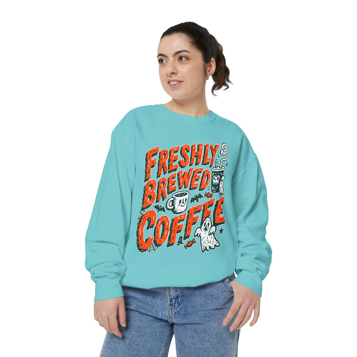 Coffee Lover Halloween Sweatshirt, Freshly Brewed Coffee Ghost Pullover, Cute Spooky Season Gift for Barista and Caffeine Fan, Gift for Her
