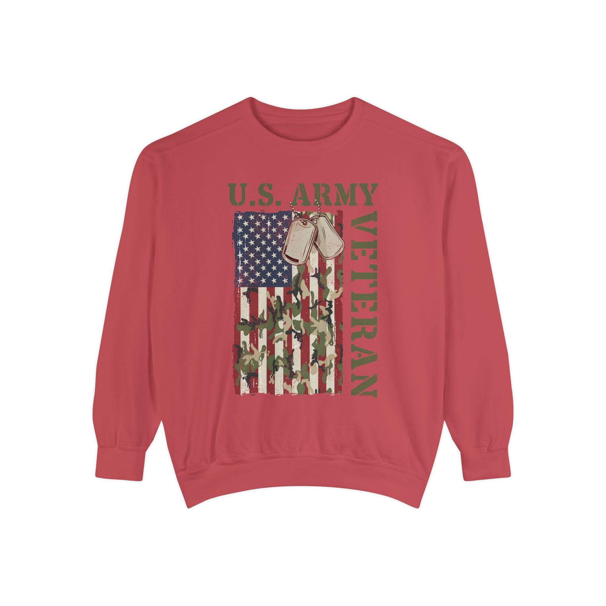 US Army Veteran Sweatshirt, American Flag Camo Crewneck, Military Dog Tag Pullover, Patriotic Soldier Gift, Retirement or Veterans Day Top