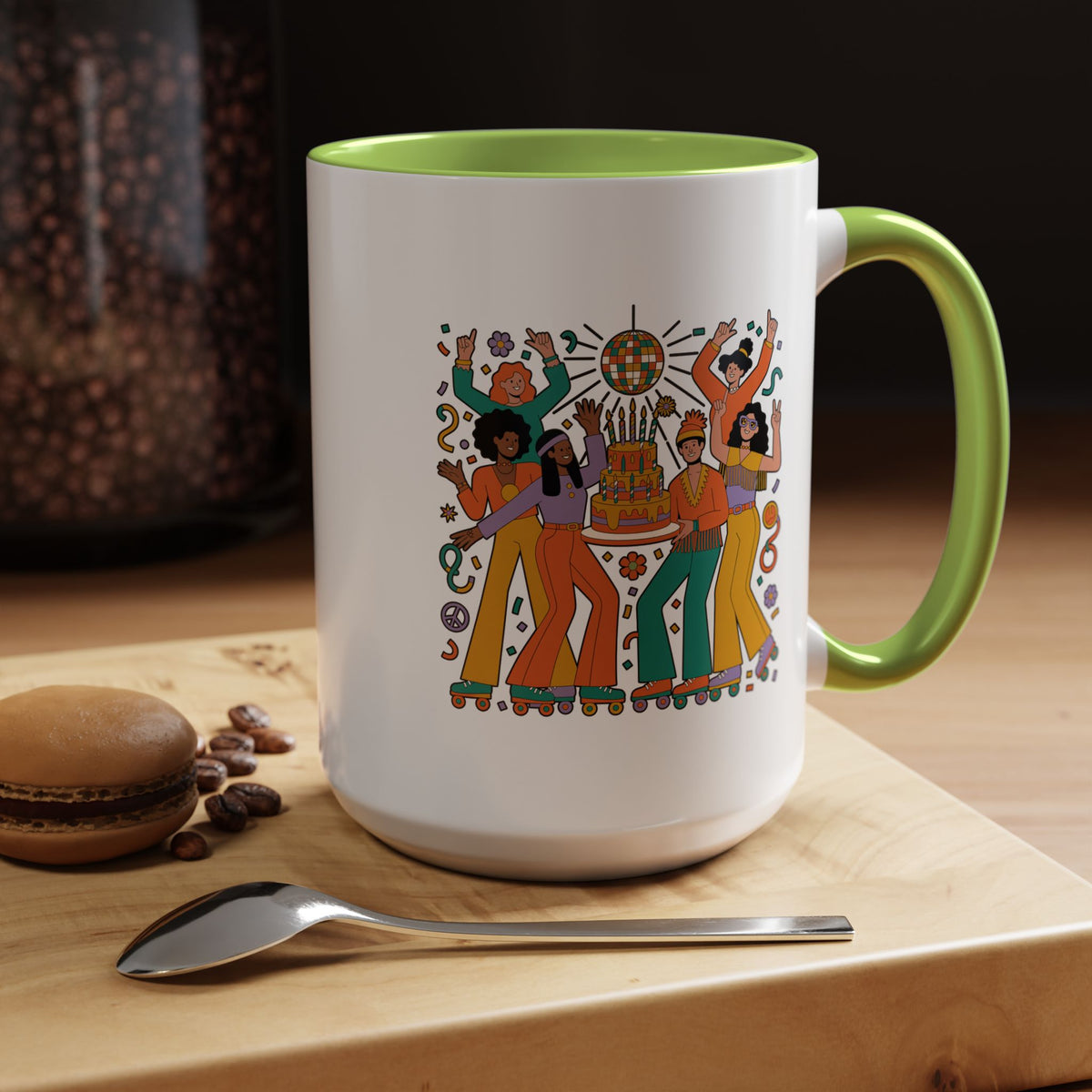 Retro Disco Birthday Coffee Mug, 70s Roller Skating Party Design, Groovy Gift for a Skater Friend Who Loves Colorful Nostalgic Drinkware