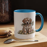 Cute Puppy Coffee Mug, Fluffy Dog Holding Daisies on a Gingham Blanket, Birthday Gift for a Dog Mom or Animal Lover Who Enjoys Cottage Style