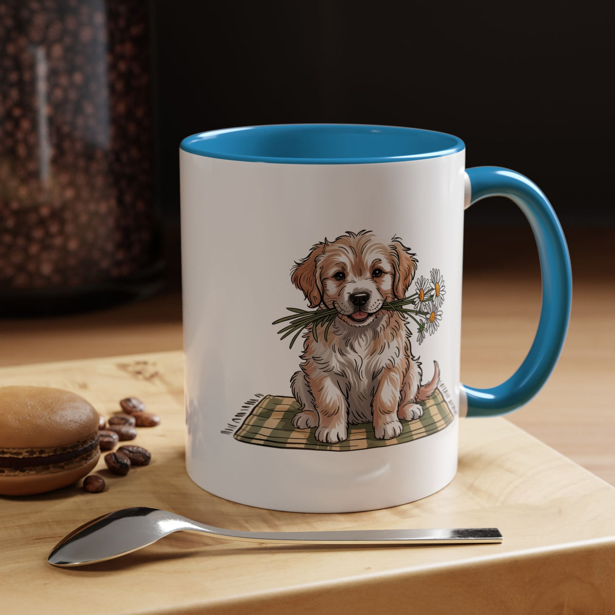 Cute Puppy Coffee Mug, Fluffy Dog Holding Daisies on a Gingham Blanket, Birthday Gift for a Dog Mom or Animal Lover Who Enjoys Cottage Style
