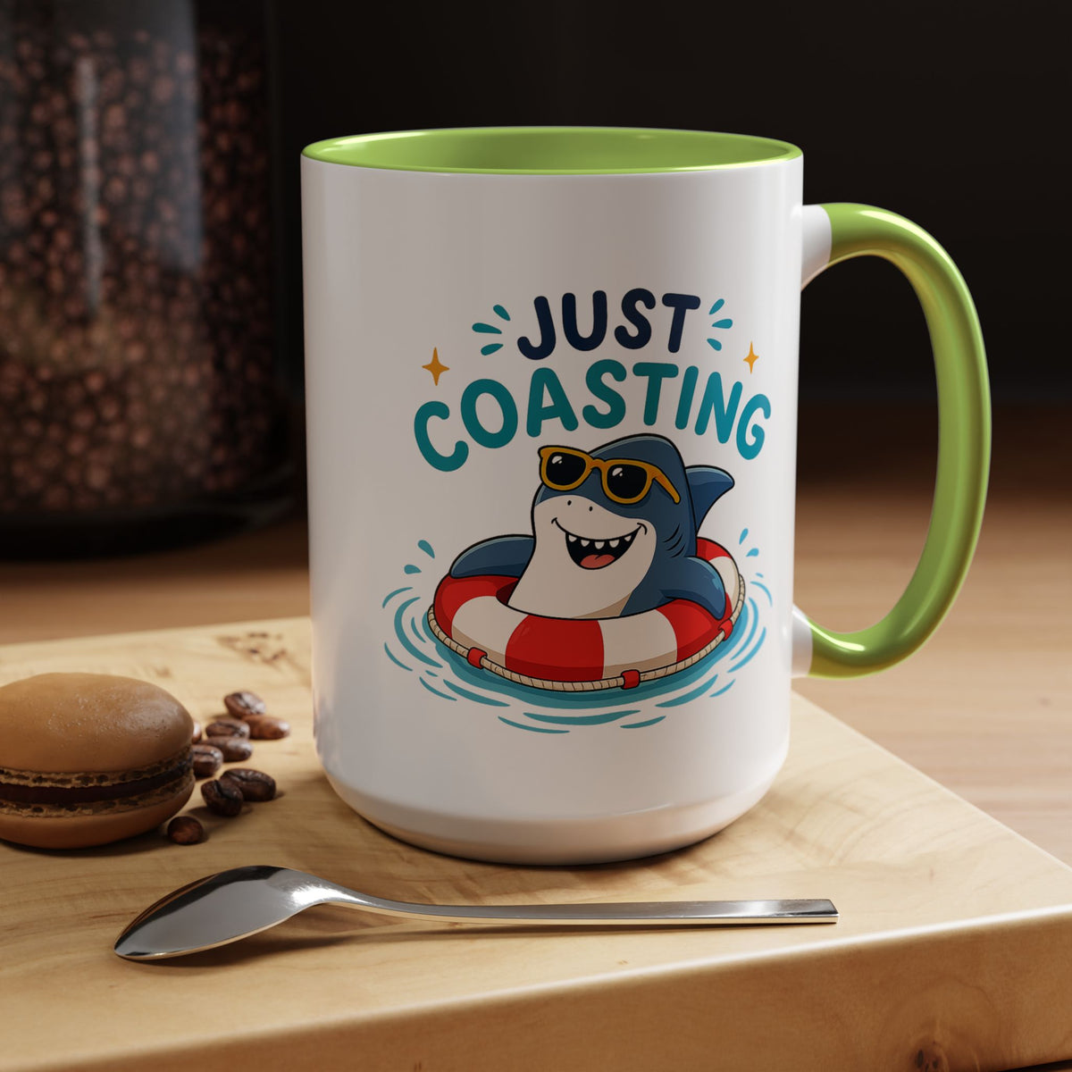 Funny Shark Coffee Mug, Just Coasting Shark Mug, Cute Beach Lover Coffee Cup, Relaxing Summer Vacation Gift for Shark Fans