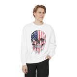 American Flag Skull Sweatshirt, Distressed Patriotic Graphic for Biker Outfits, Fourth of July Style, Birthday Gift for Skull Art Lovers
