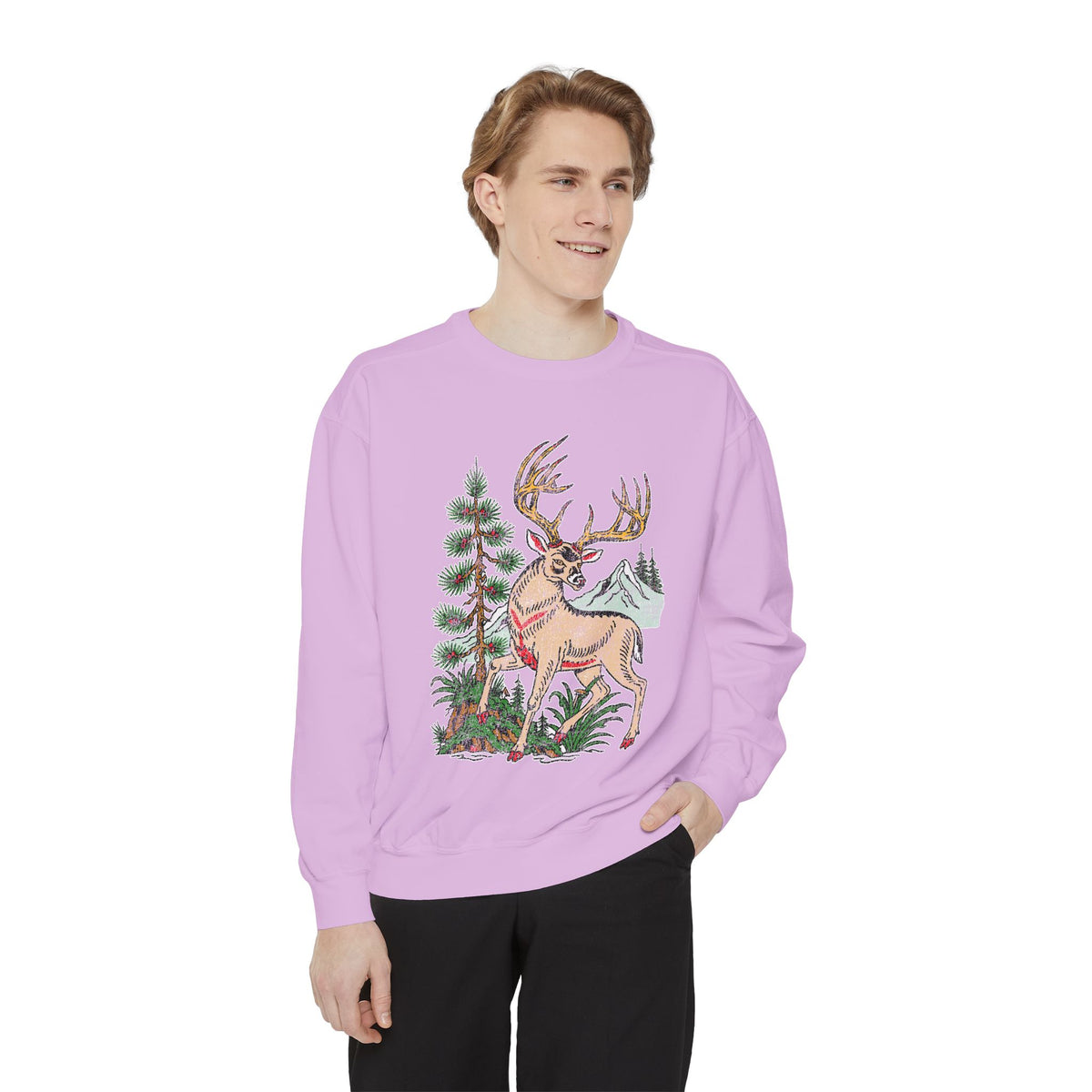 Woodland Deer Sweatshirt, Rustic Stag and Mountain Graphic, Gift for Wildlife Lovers and Hikers, Forest Inspired Cabin Weekend Clothing