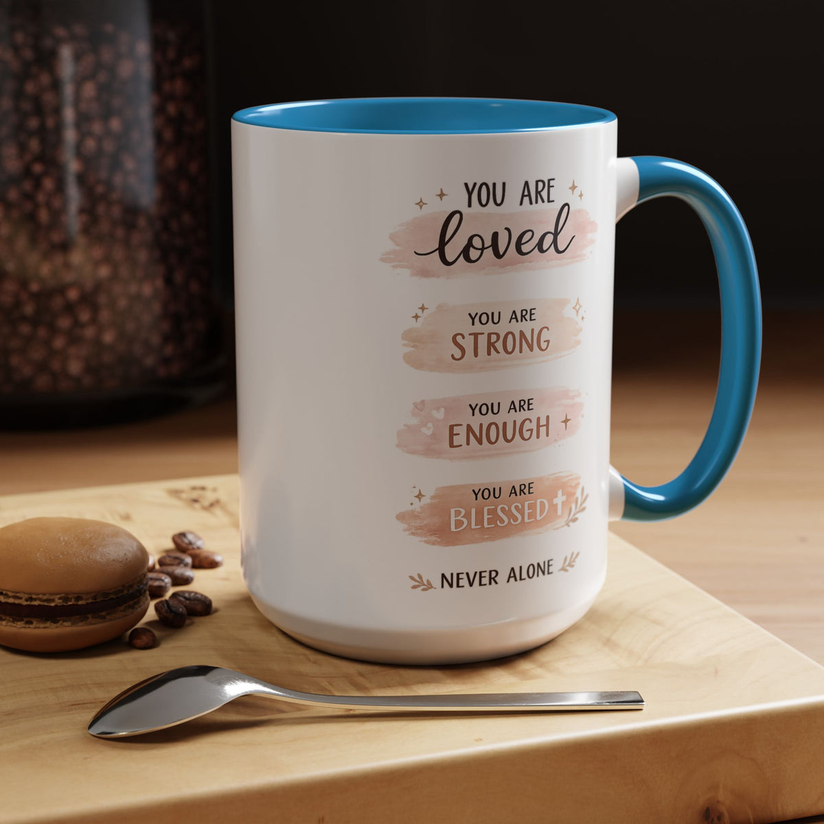 You Are Loved Strong Enough Blessed Coffee Mug, Encouraging Mental Health Gift for Friends, Cute Inspirational Daily Affirmations Tea Cup with Pink Handle