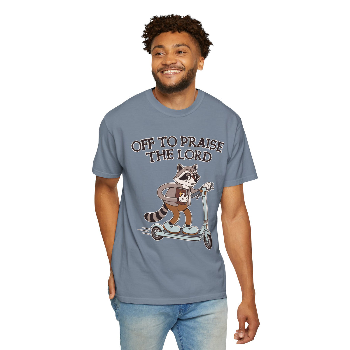 Funny Christian Comfort Colors Shirt, Off to Praise the Lord Raccoon Tee, Cute Faith Based Graphic Tee, Trendy Christian Shirt for Women