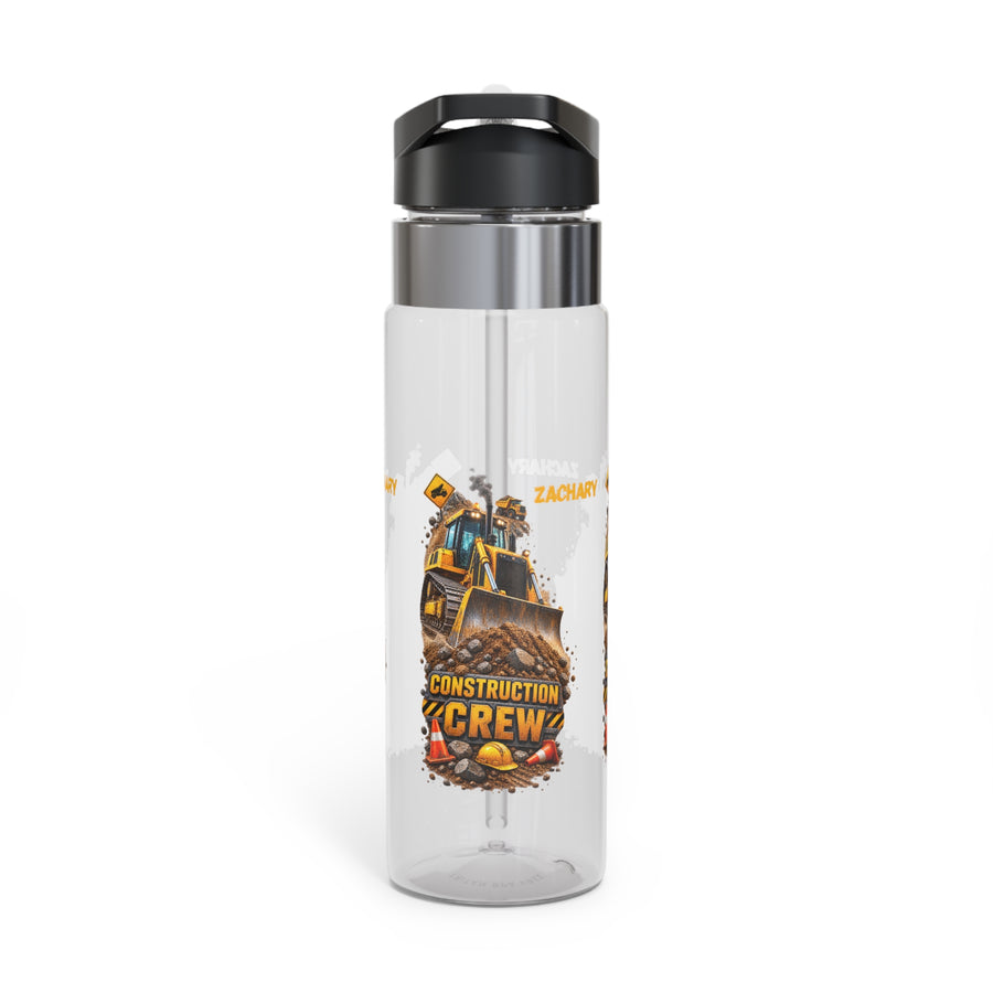 Clear plastic water bottle with a black lid and a straw, printed with a yellow bulldozer pushing earth above the words Construction Crew, with a hard hat and cones and the name Zachary.