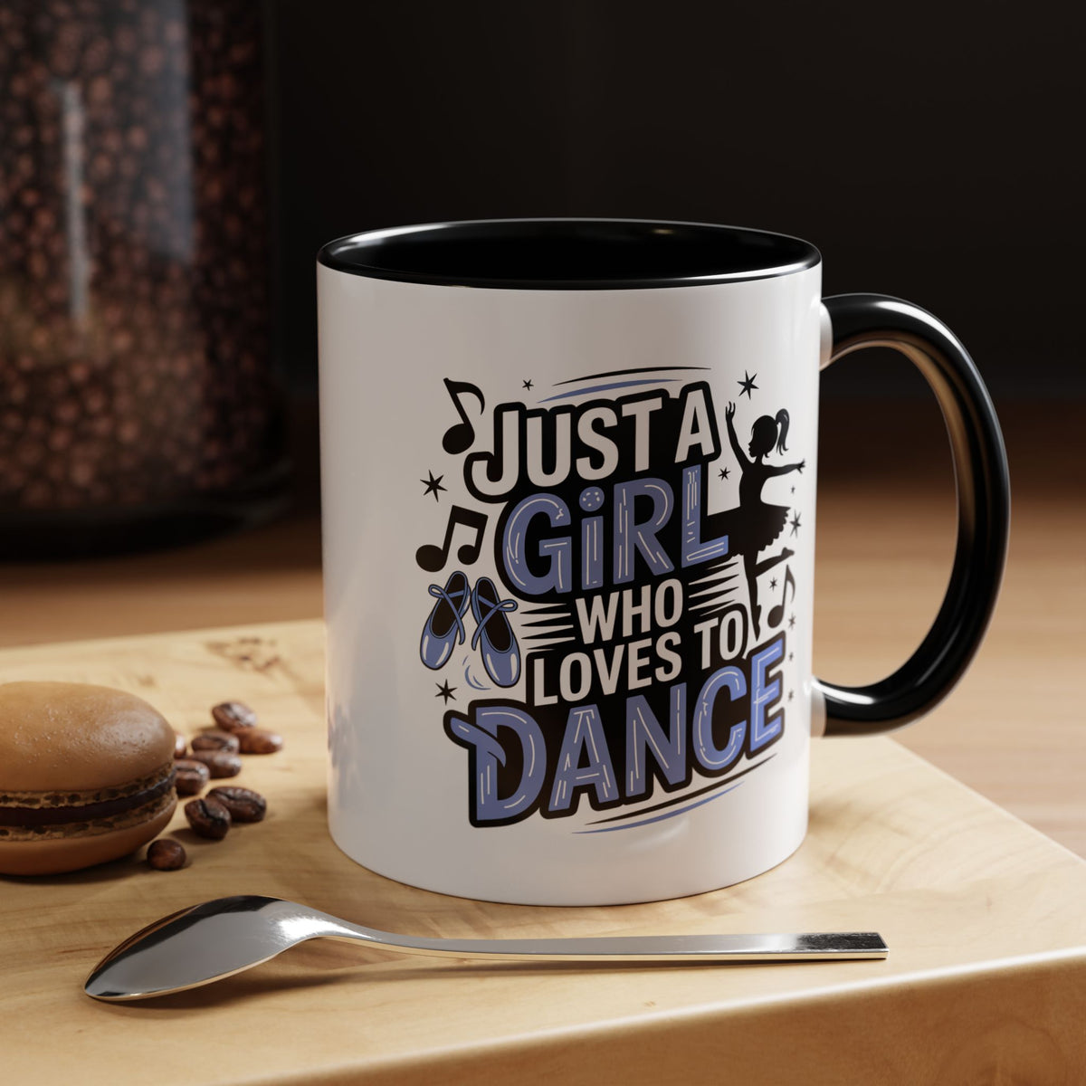 Dance Lover Coffee Mug, Just a Girl Who Loves to Dance Quote, Blue Ballet Shoes and Ballerina Design, Recital Gift for a Daughter or Teacher