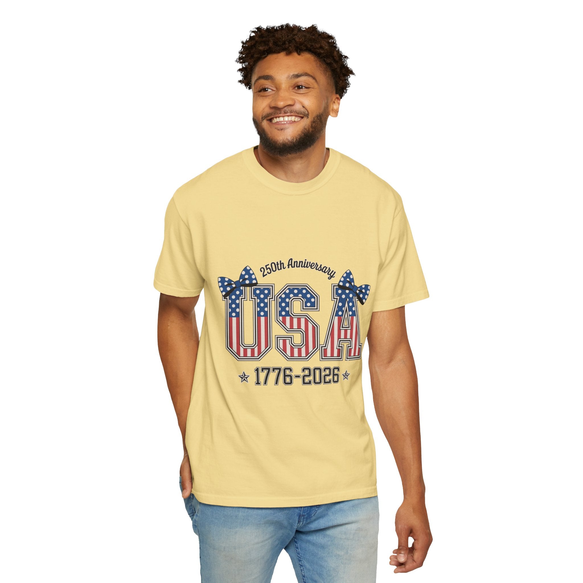 USA 250th Anniversary Comfort Colors Shirt, Patriotic Coquette Bow Tee, America 1776 2026 Graphic Shirt, Fourth of July Gift