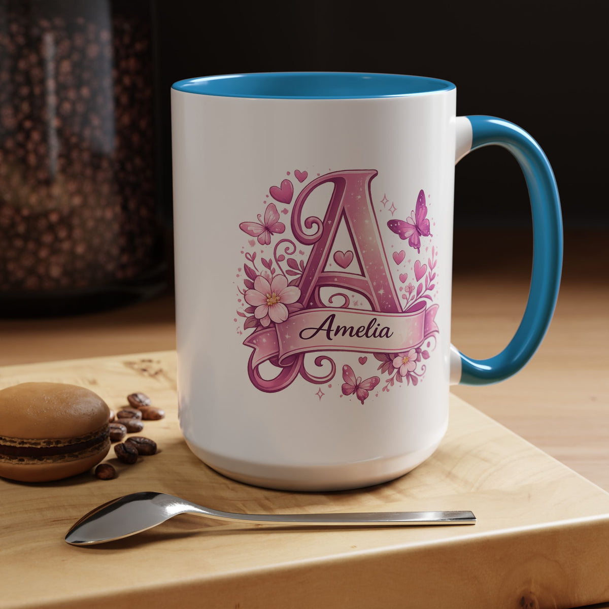 Personalized Butterfly Initial Mug, Custom Name Coffee Mug for Girls and Women, Floral Monogram Cup, Pink Aesthetic Gift, Custom Letter Mug