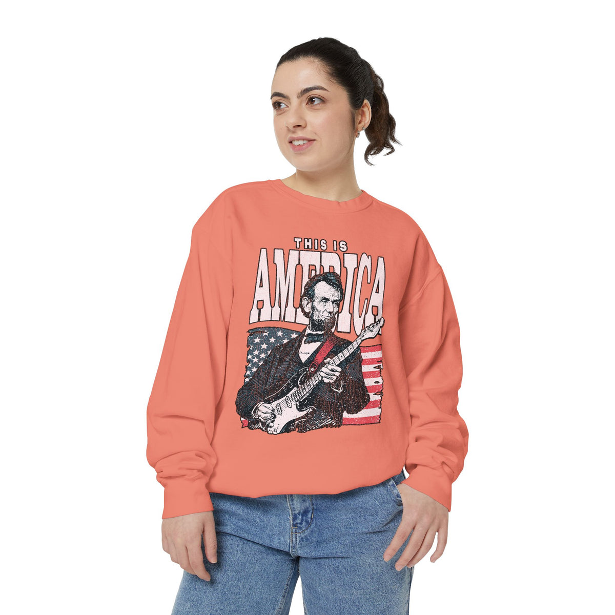 Abraham Lincoln Guitar Sweatshirt, Funny This Is America Graphic, Gift for History Teachers and Music Lovers, Fourth of July Party Outfit