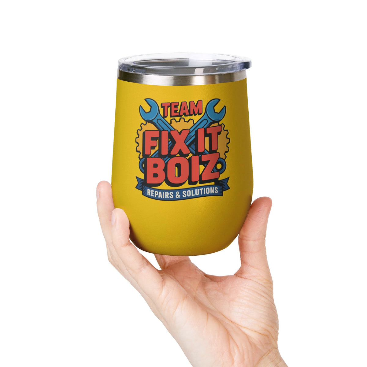 Mechanic Wine Tumbler, Team Fix It Boiz Wrench and Gear Design, Handyman Gift for Dad or a Repair Crew Coworker, Off Duty Workshop Drinkware