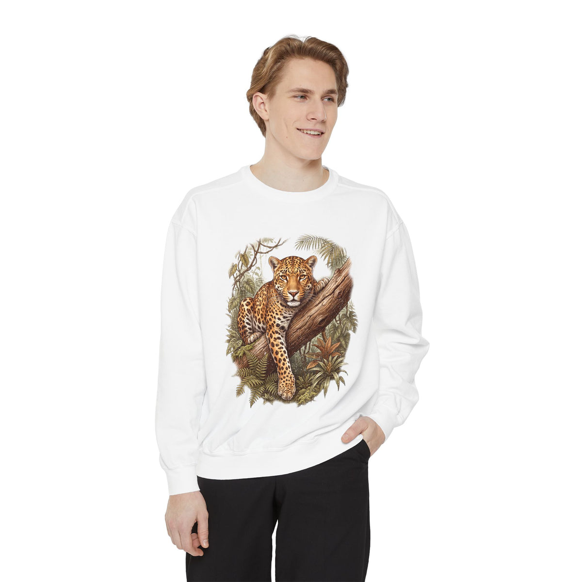 Vintage Leopard Jungle Sweatshirt, Tropical Big Cat Crewneck, Wildlife Nature Lover Gift, Botanical Safari Graphic Cozy Pullover Top