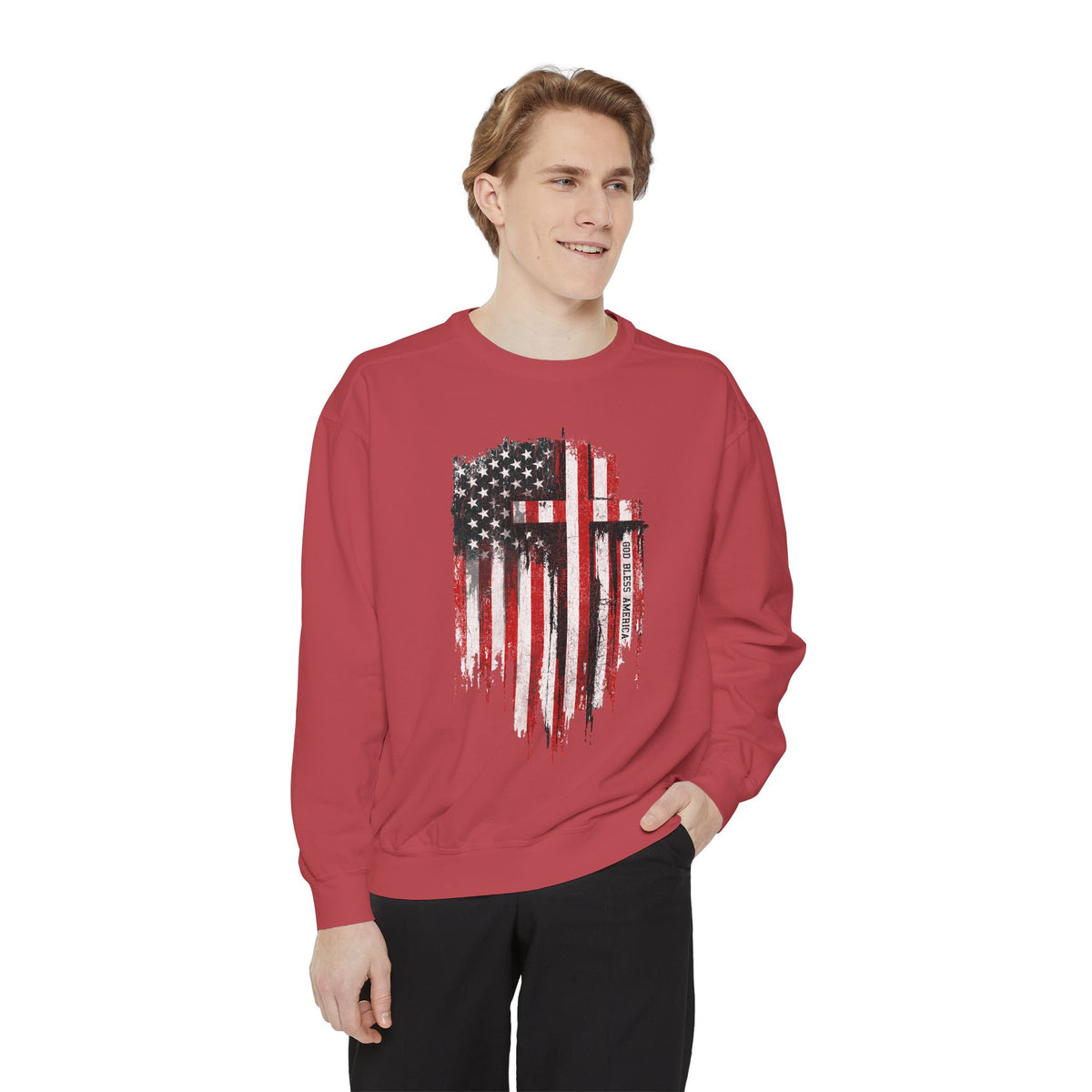 God Bless America Sweatshirt, Distressed American Flag and Cross Graphic, Patriotic Christian Gift for Church Events and Everyday Faith