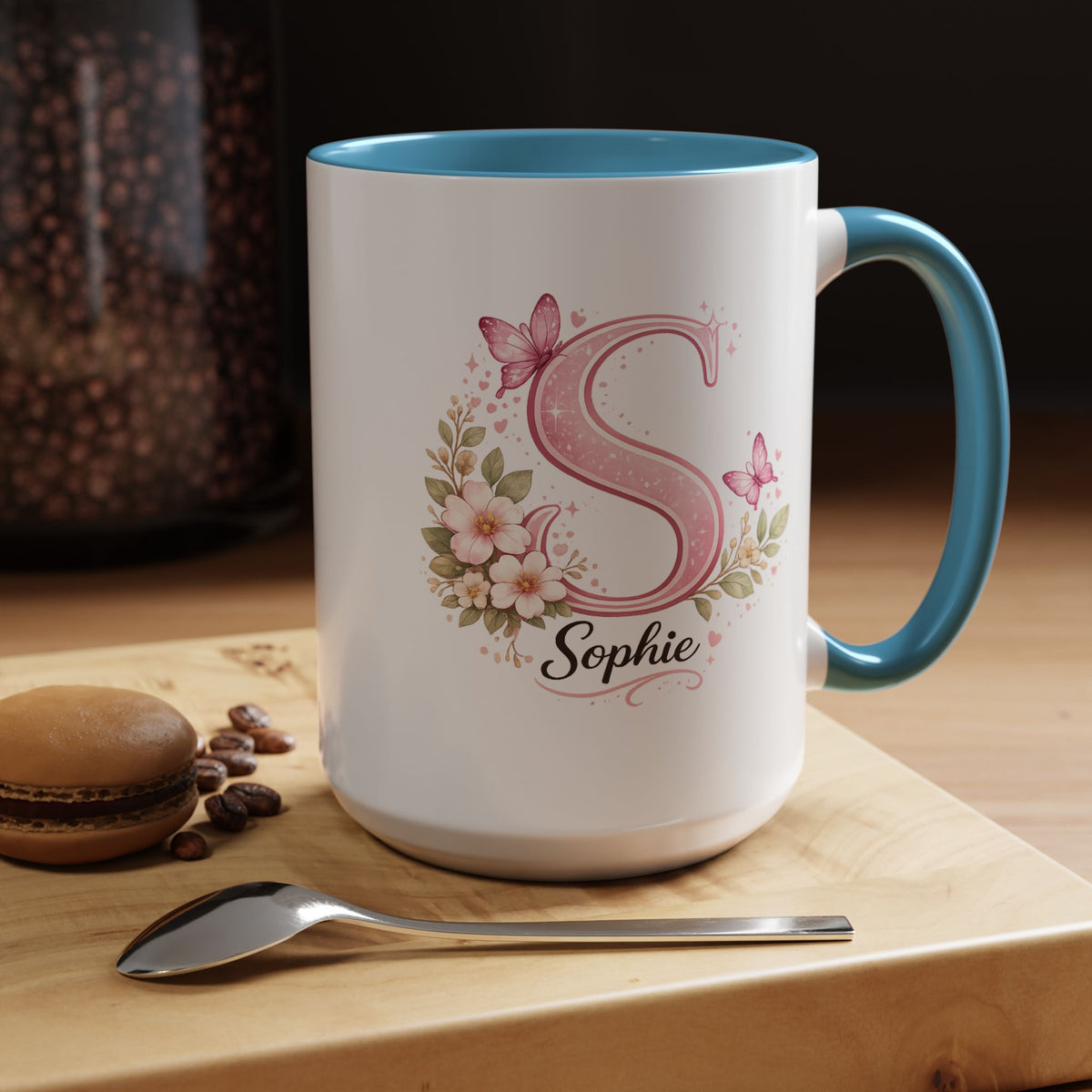 Personalized Butterfly Initial Mug, Custom Name Coffee Mug for Girls and Women, Pink Floral Monogram Cup, Birthday Gift, Custom Letter Mug