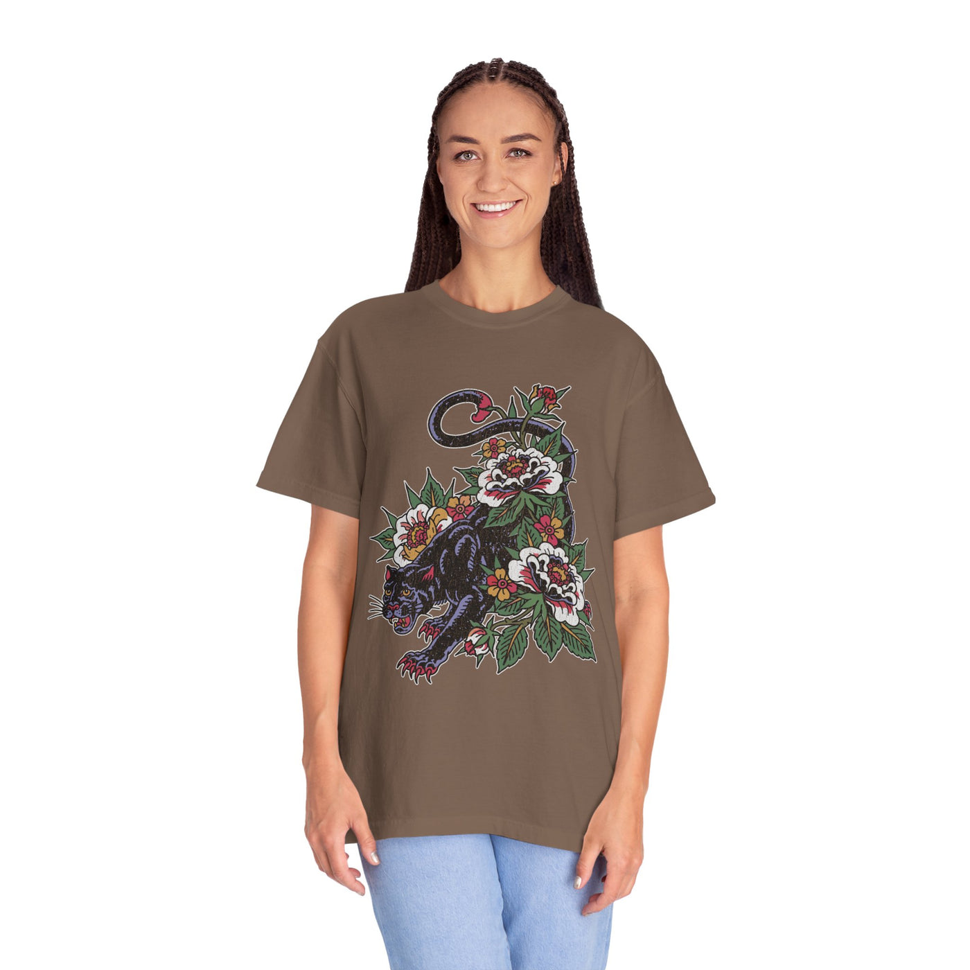 Traditional Panther Graphic Shirt, Floral Tattoo T-Shirt for Men and Women, Old School Big Cat Tee, Alternative Art Gift for Tattoo Fans