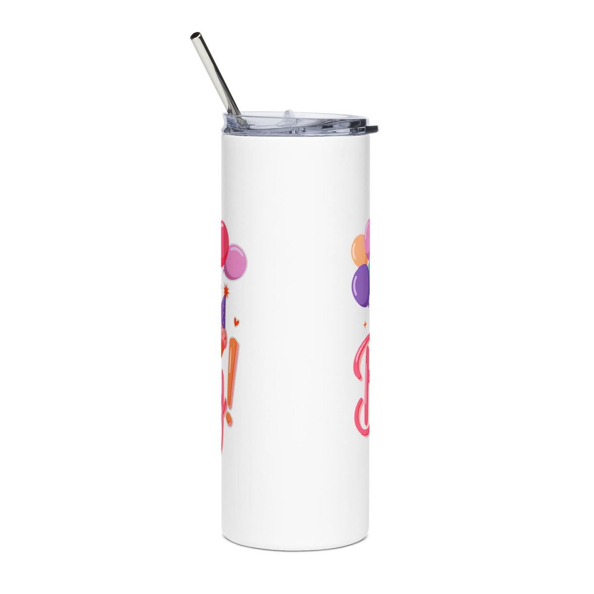 Happy Birthday Skinny Tumbler, Pastel Balloons and Cupcake Design, Colorful Drinkware Gift for a Best Friend, Sister or Coworker Celebration