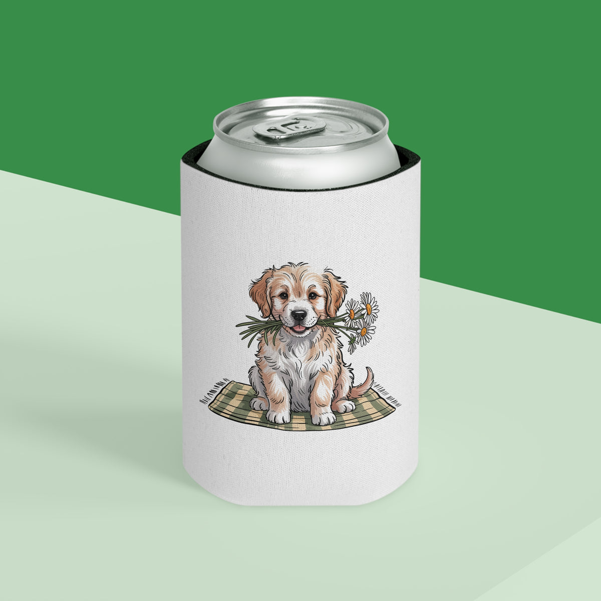 Golden Puppy Can Cooler, Cute Dog and Daisy Drink Sleeve, Gift for Dog Moms, Puppy Lovers, Pet Parents and Animal Lovers