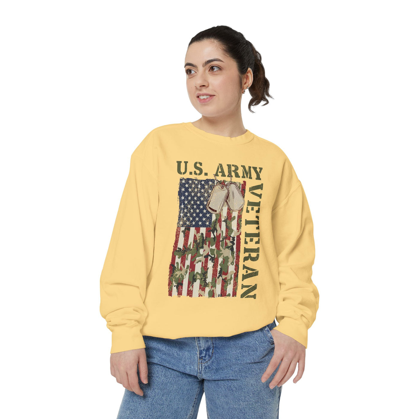 US Army Veteran Sweatshirt, American Flag Camo Crewneck, Military Dog Tag Pullover, Patriotic Soldier Gift, Retirement or Veterans Day Top