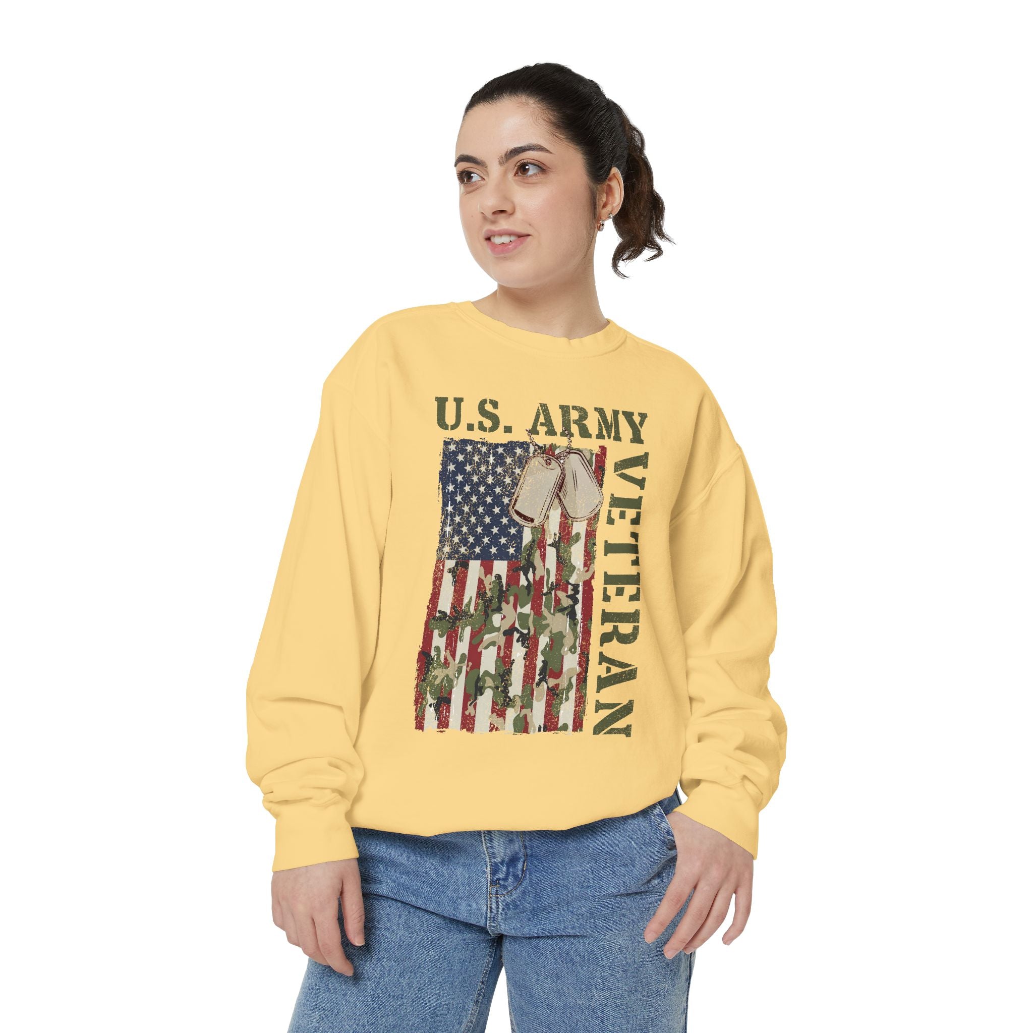 US Army Veteran Sweatshirt, American Flag Camo Crewneck, Military Dog Tag Pullover, Patriotic Soldier Gift, Retirement or Veterans Day Top