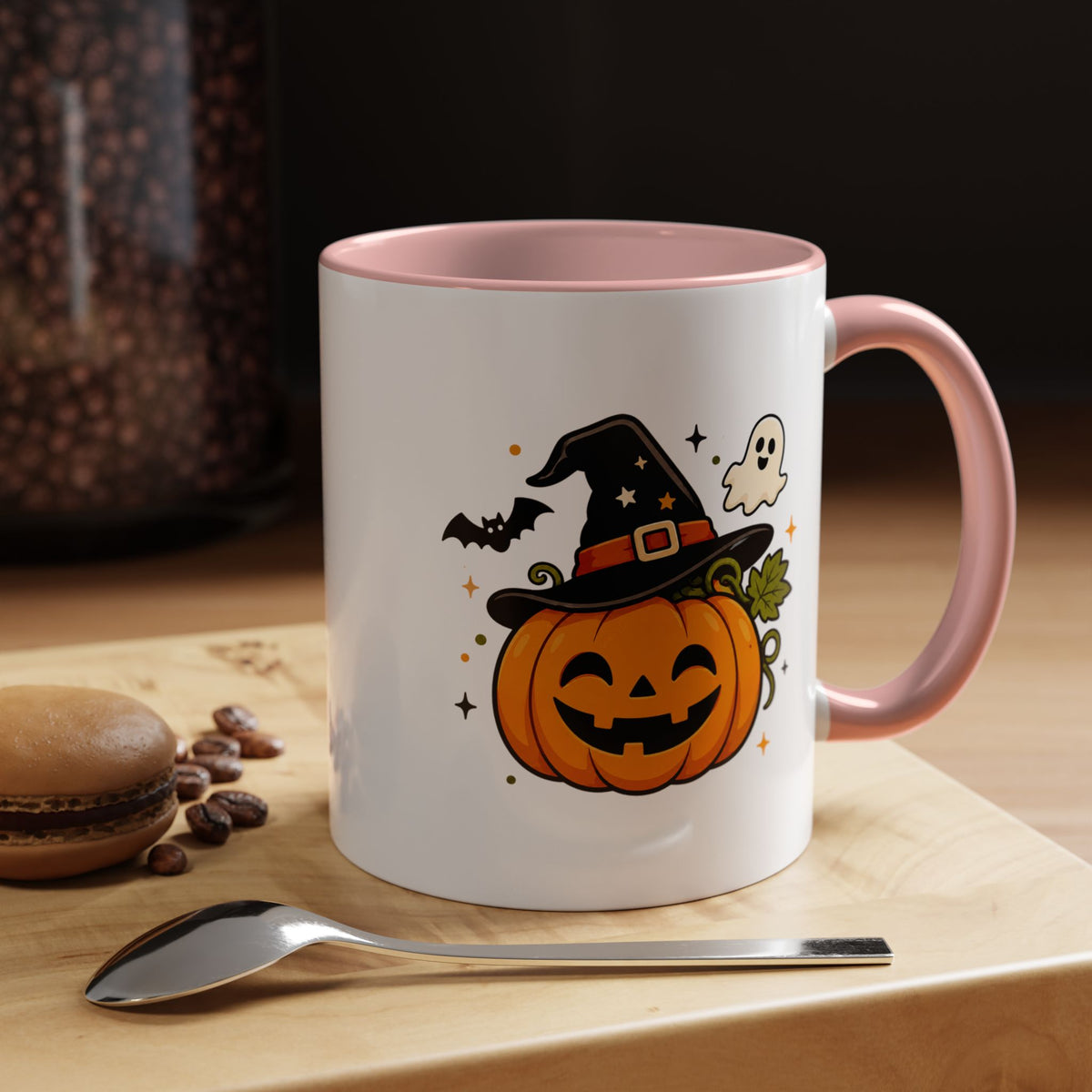Cute Pumpkin Halloween Mug, Smiling Jack O Lantern Black Accent Coffee Cup, Cute Friendly Ghost Gift for Kids, Teachers or Fall Lovers