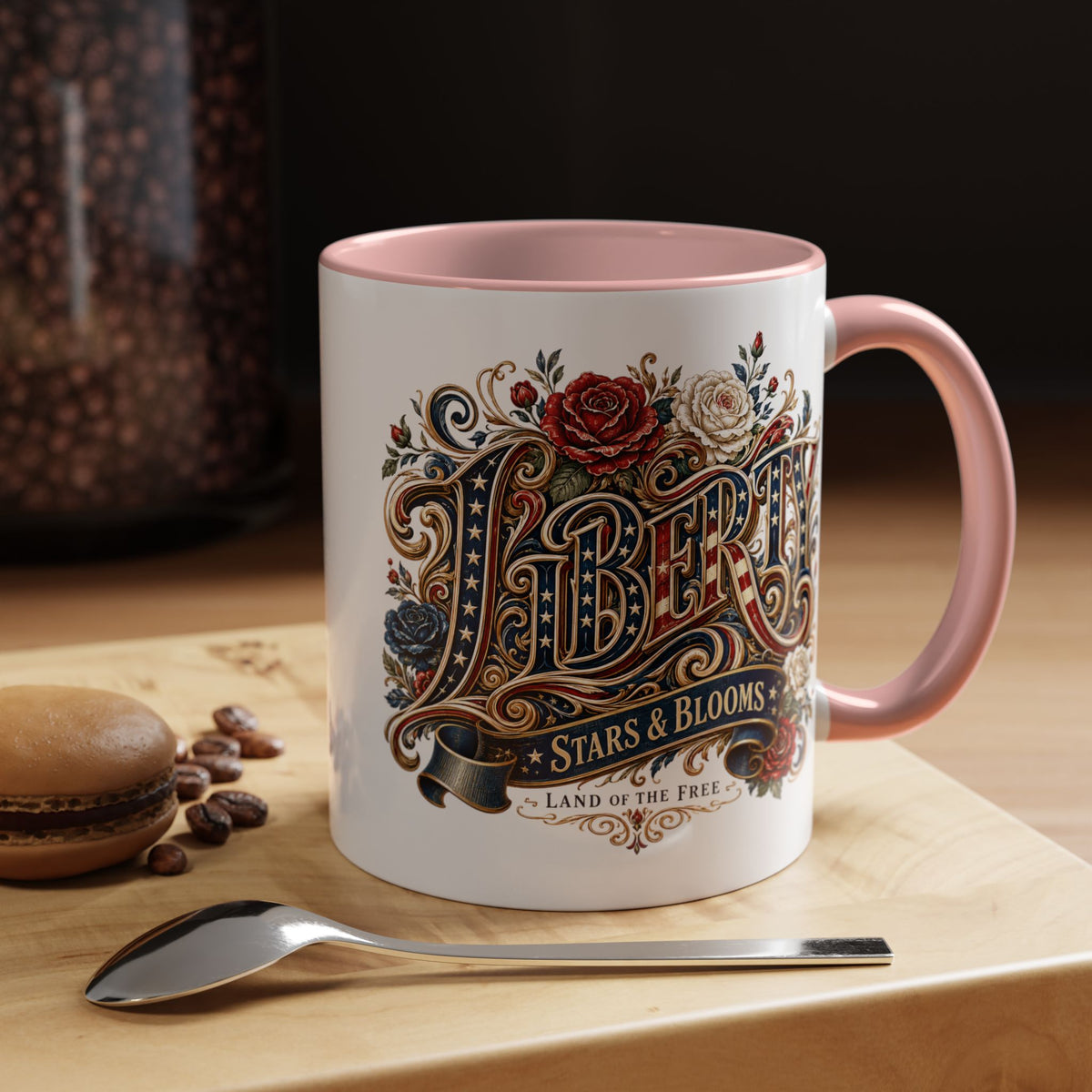 Vintage Patriotic Floral Coffee Mug, Liberty Stars and Blooms Mug, Americana Rose Art Cup, Fourth of July Gift, USA Lover Mug