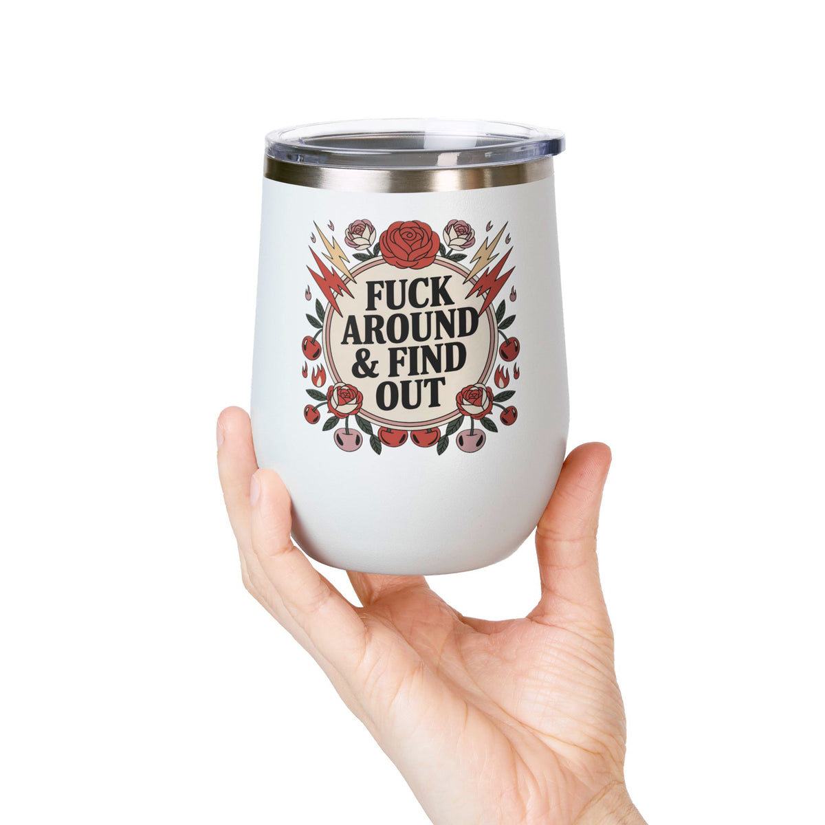 FAFO Wine Tumbler, Retro Tattoo Roses and Cherries Cup, Sarcastic Gift for Her, Edgy Bachelorette Party Cup, Funny Coworker Gift