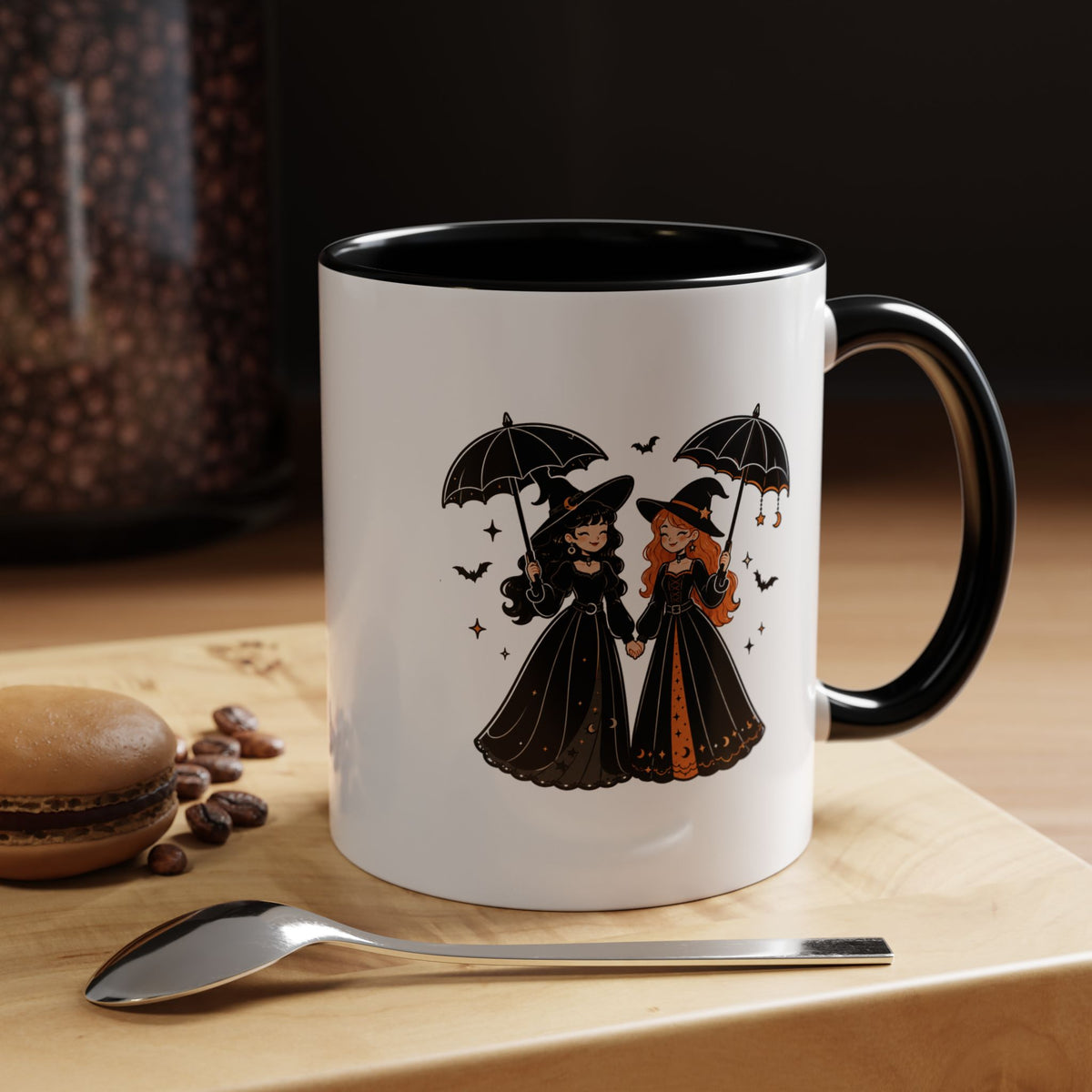 Witch Best Friends Mug, Gothic Halloween Black Accent Coffee Cup, Cute Matching Costume Gift for Bestie, Sister, Girlfriend or Partner