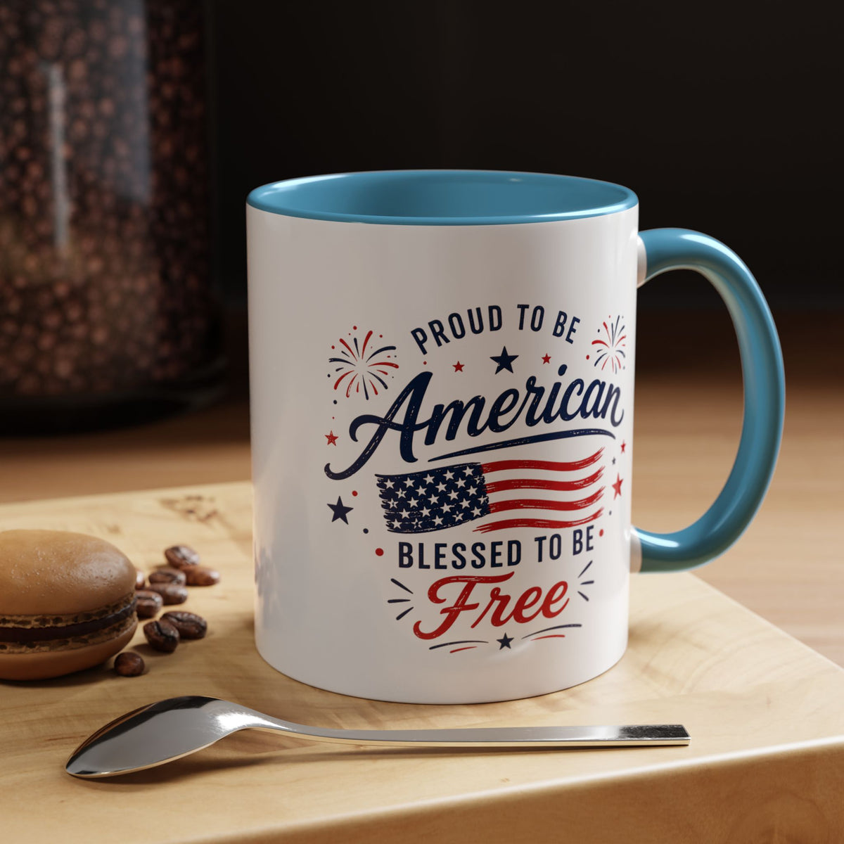 Proud to Be American Coffee Mug with US Flag, Patriotic 4th of July Gift for Veterans, Blessed to Be Free Red White and Blue Tea Cup