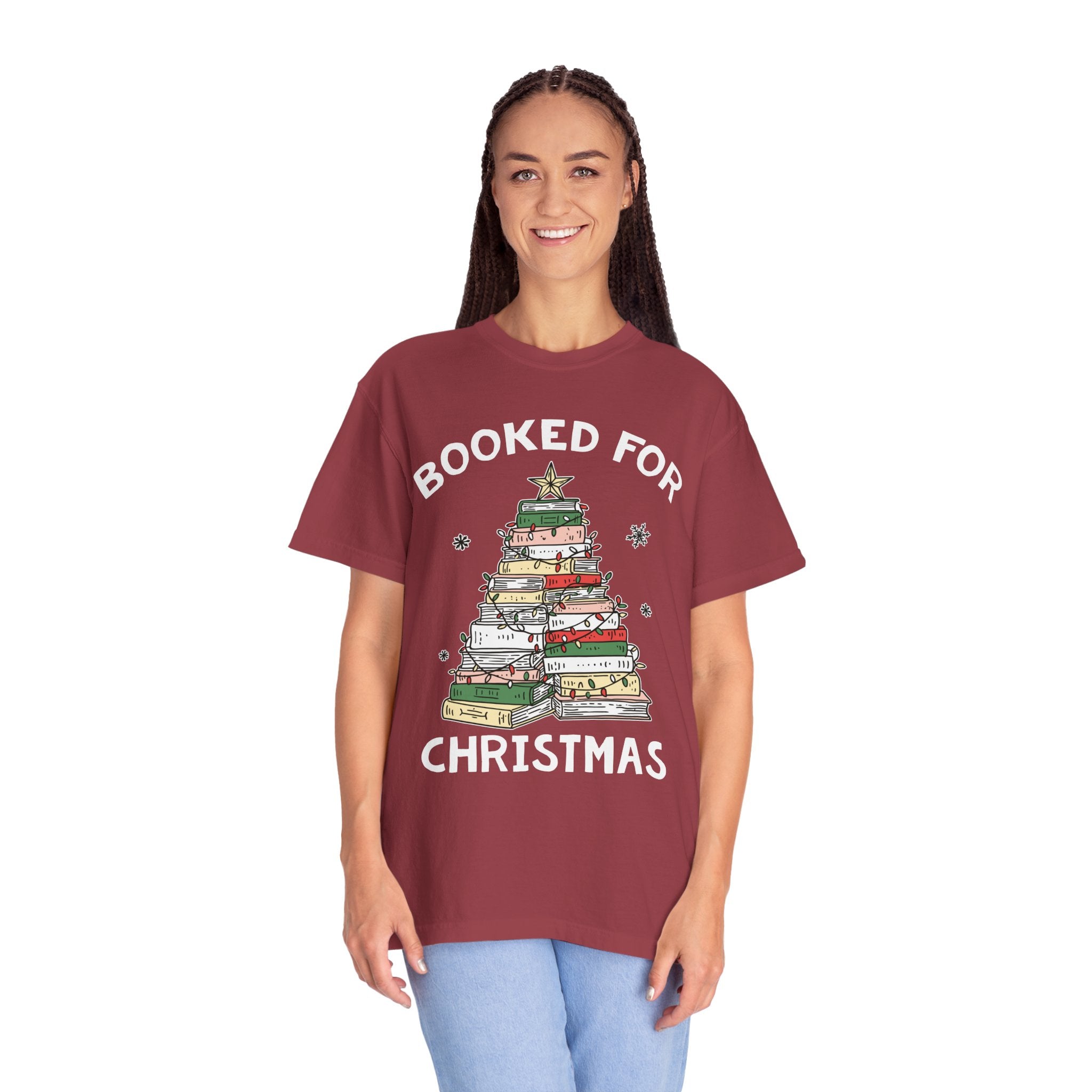 Booked for Christmas Shirt, Book Lover Holiday T-Shirt, Christmas Tree Books Tee, Cozy Reading Gift for Librarian, Teacher or Bookworm