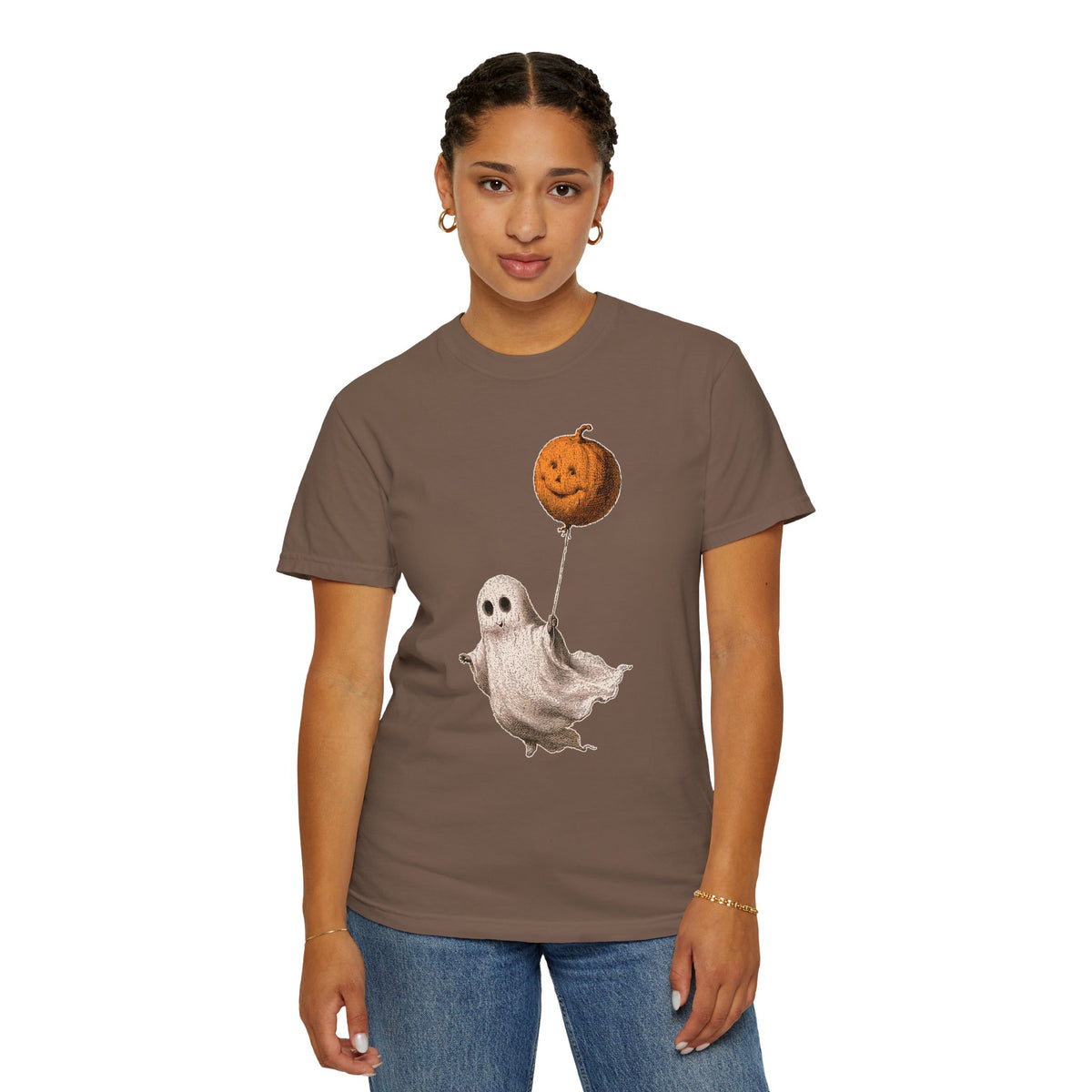 Cute Ghost Halloween Shirt, Pumpkin Balloon Graphic Tee, Vintage Spooky Season Gift for Women, Cozy October Fall Outfit for Ghost Lovers