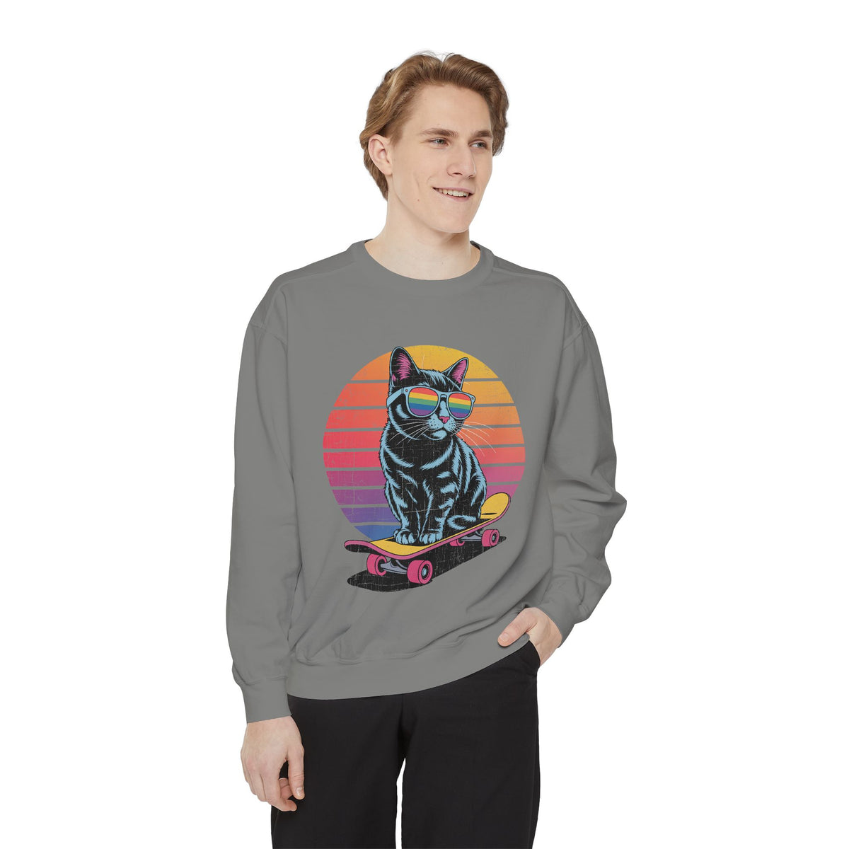 Retro Skateboard Cat Sweatshirt, Rainbow Sunglasses Kitty Crewneck, Funny Cat Lover Gift, Vintage Skater Graphic Cozy Pullover Top