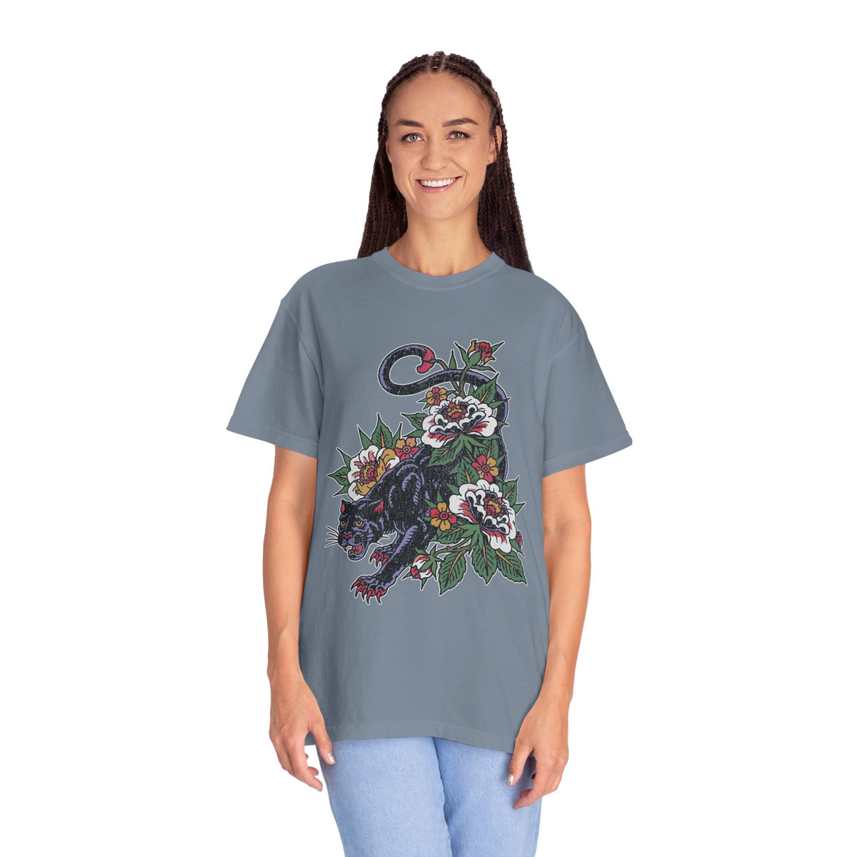 Traditional Panther Graphic Shirt, Floral Tattoo T-Shirt for Men and Women, Old School Big Cat Tee, Alternative Art Gift for Tattoo Fans