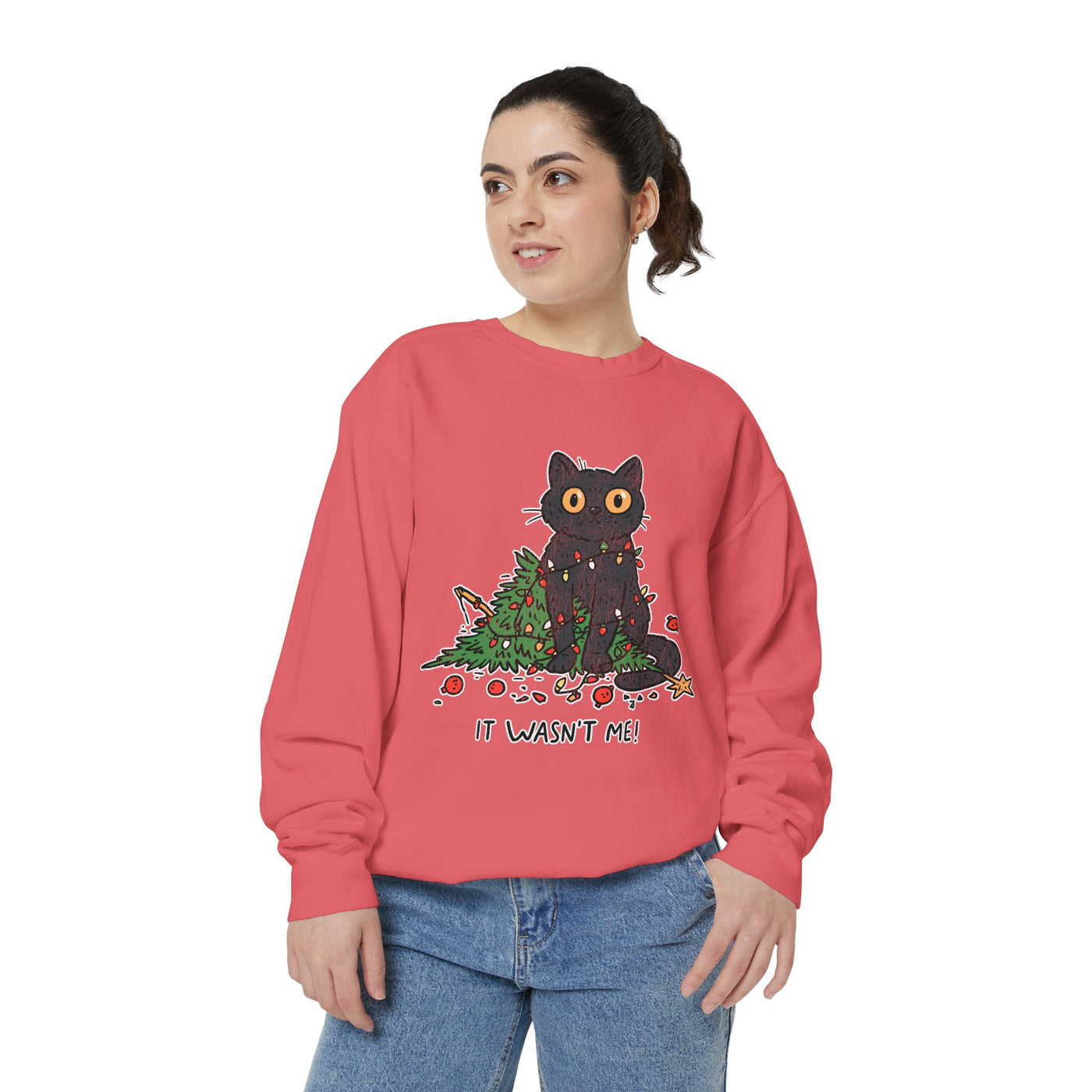 It Wasn't Me Black Cat Christmas Sweatshirt, Funny Holiday Crewneck, Mischievous Kitty Lights Pullover, Gift for Cat Mom or Cat Dad