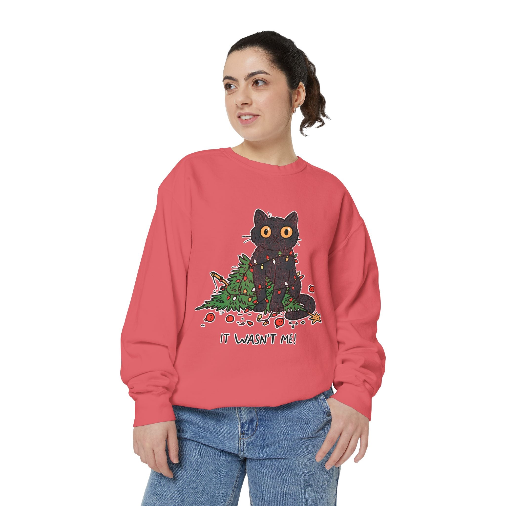 It Wasn't Me Black Cat Christmas Sweatshirt, Funny Holiday Crewneck, Mischievous Kitty Lights Pullover, Gift for Cat Mom or Cat Dad