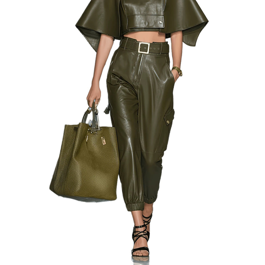 Elastic ankle side pocket long pants for women
