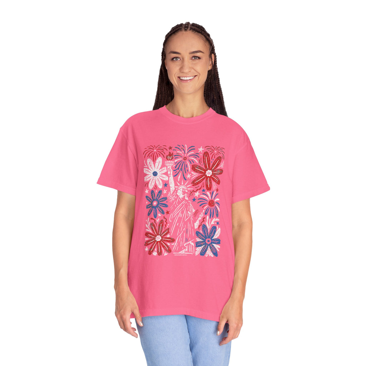 Patriotic Fireworks Shirt, Red White Blue Flower Graphic Tee, Americana T Shirt, Fourth of July Outfit, Vintage USA Gift for Women
