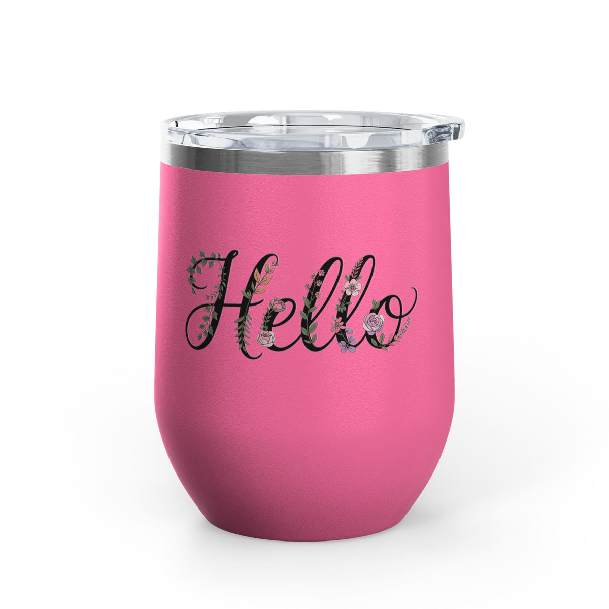 Floral Hello Wine Tumbler, Botanical Drinkware for Women, Spring Coffee Cup, Floral Gift for Her, Cute Everyday Wine Glass