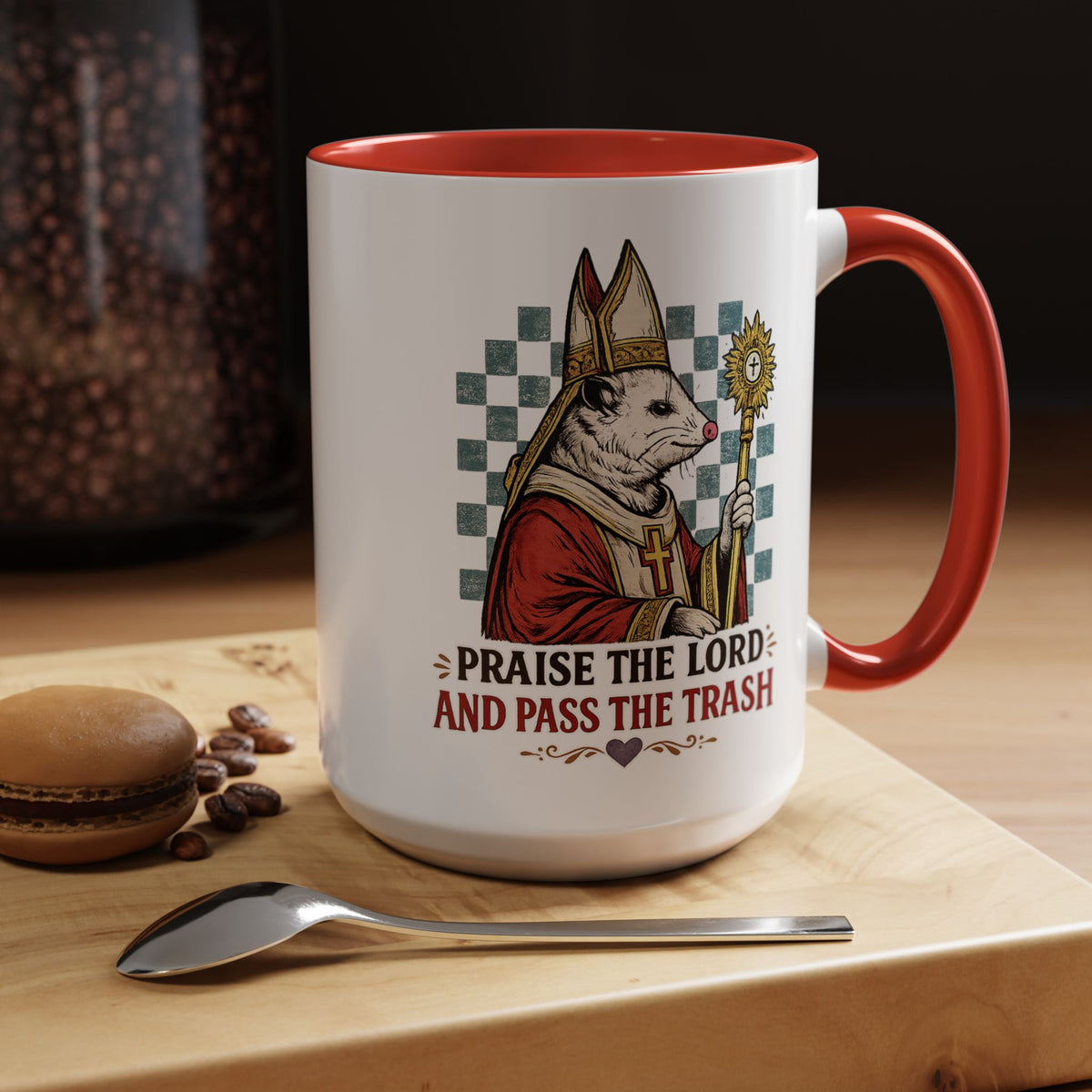 Praise the Lord and Pass the Trash Coffee Mug, Funny Opossum Pope Gift for Friends, Sarcastic Christian Possum Ceramic Tea Cup with Black Handle