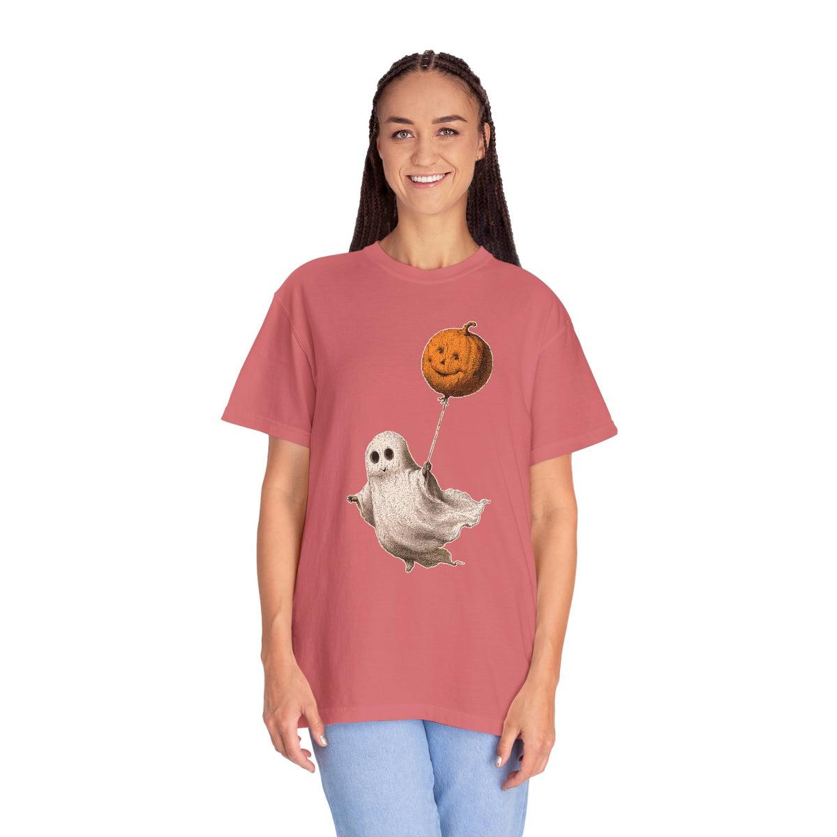 Cute Ghost Halloween Shirt, Pumpkin Balloon Graphic Tee, Vintage Spooky Season Gift for Women, Cozy October Fall Outfit for Ghost Lovers