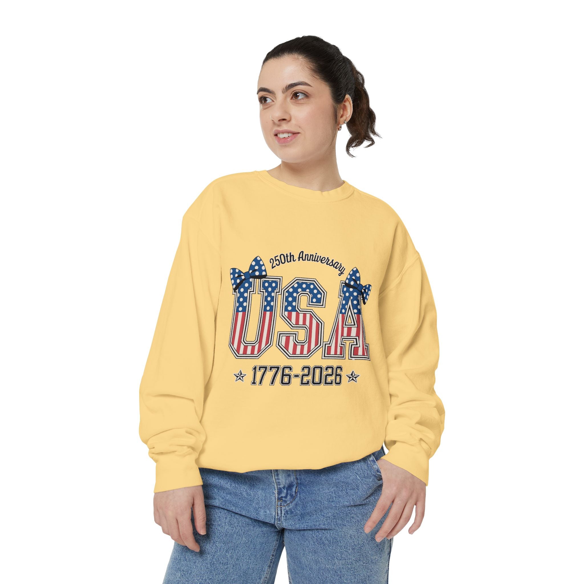 USA 250th Anniversary Comfort Colors Sweatshirt, Patriotic Bow Coquette Shirt, America 1776 2026 Sweatshirt, Fourth of July Gift