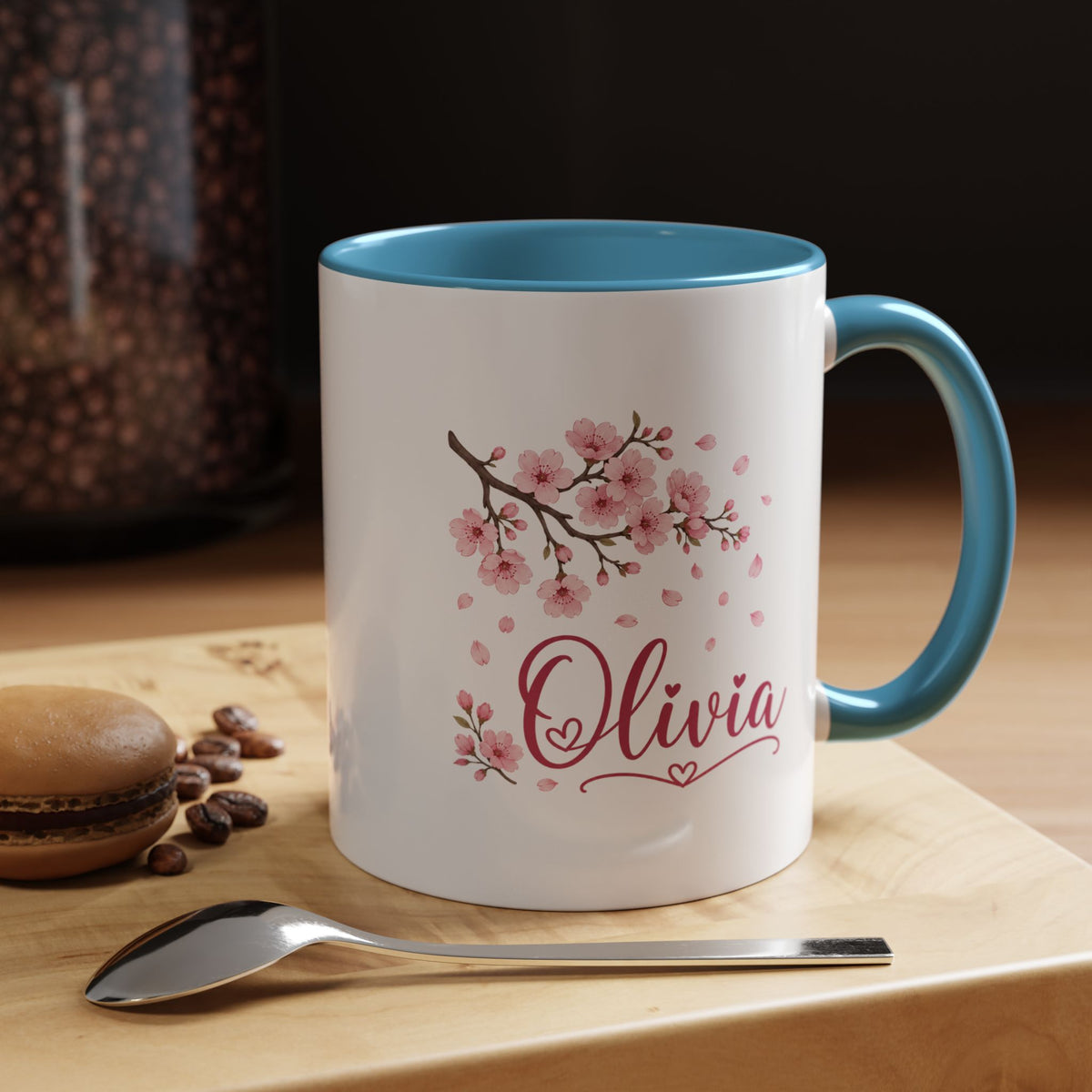 Personalized Name Mug, Pink Cherry Blossom Black Accent Coffee Cup, Custom Name Gift for Her, Girl, Daughter, Birthday or Nursery Keepsake